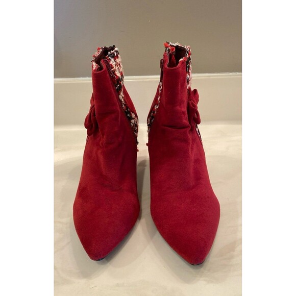 Allegra K Booties Tweed Plaid Faux Suede Ankle Boots Burgundy Sz 7 Chunky Heel - Picture 5 of 12